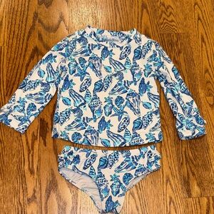 Lilly Pulitzer Blue and White Seashell Kids Rashguard Swim Set